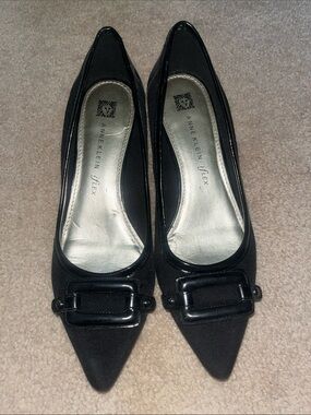 Anne Klein Black Pointed Toe Buckle Flats with Patent Trim